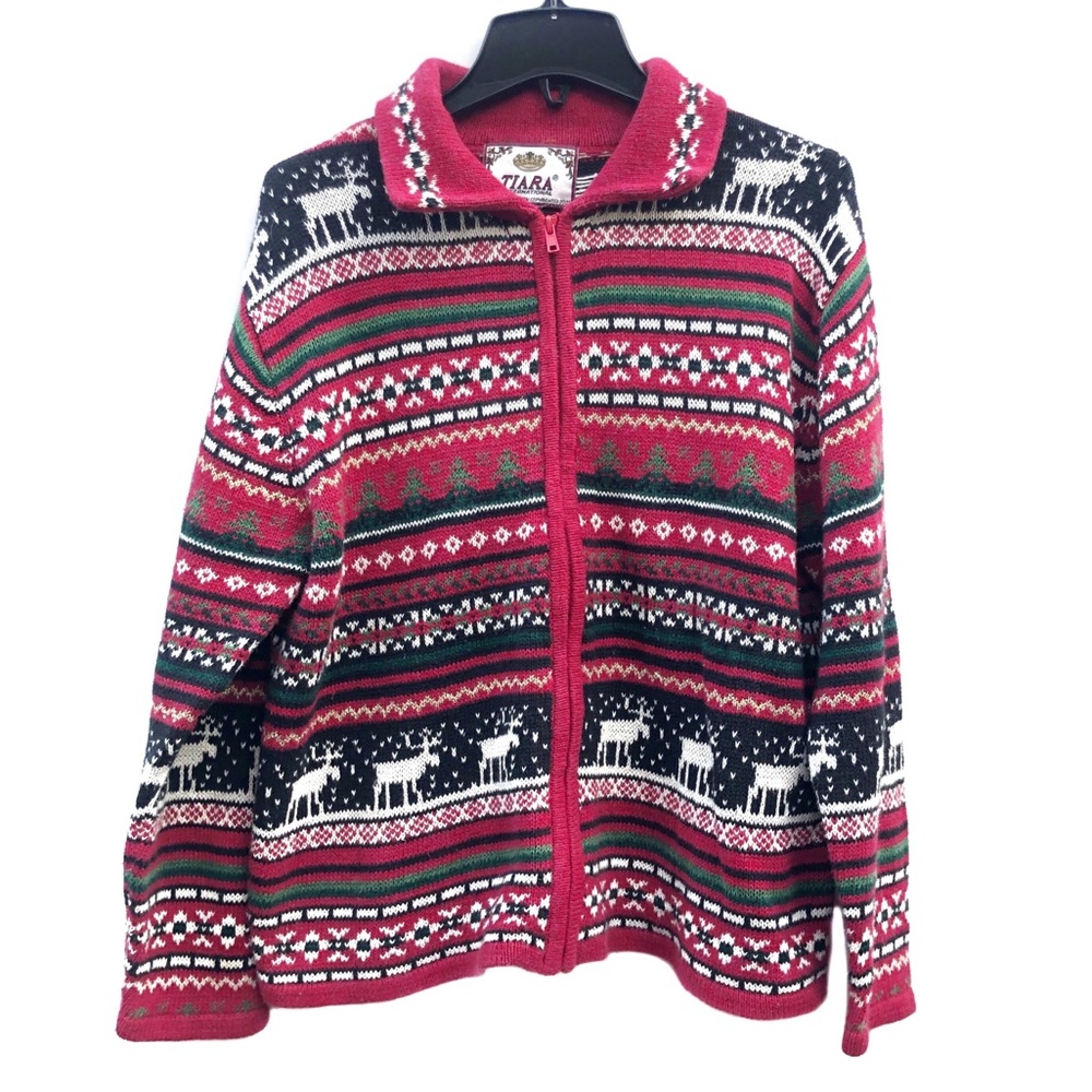 Tiara True VTG Ugly X'mas Sweater Nordic Heavy Knit Full Zip Cardigan Jacket L